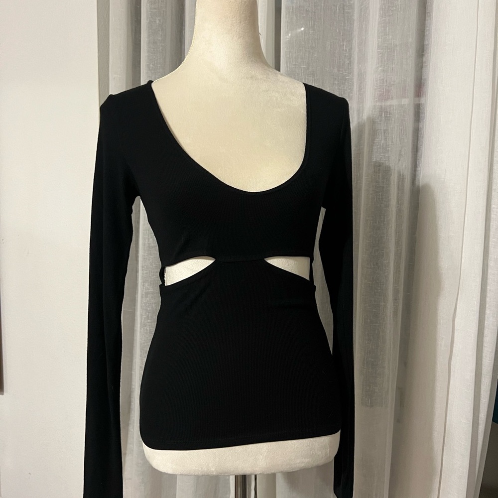 Joah Brown Black Cut-Out Long Sleeve Top